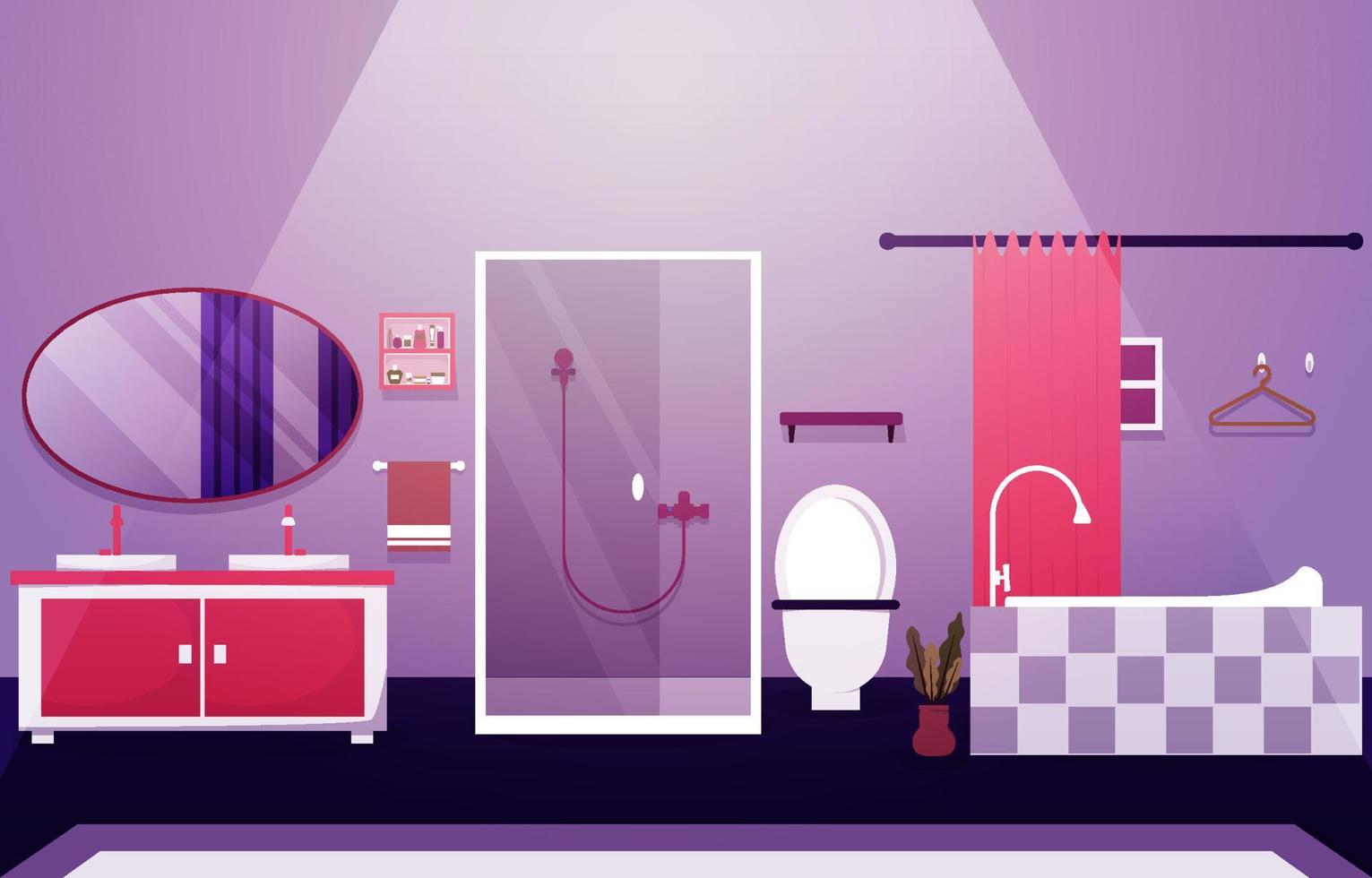 banheiro limpo design de interiores chuveiro banheira móveis ilustração plana vetor