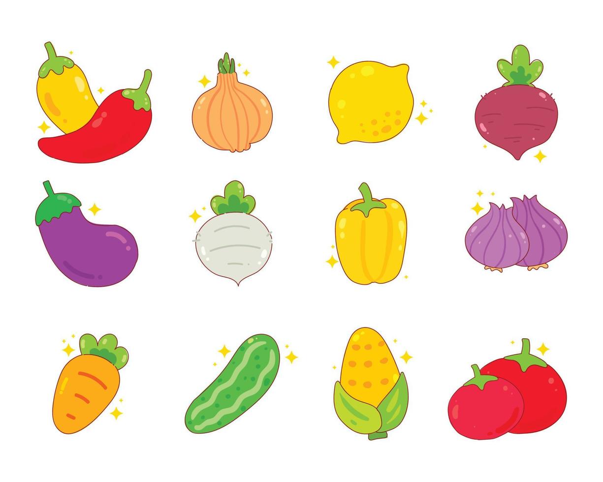 Conjunto de desenhos animados de vegetais frescos de alimentos saudáveis desenhados à mão ilustração dos desenhos animados vetor