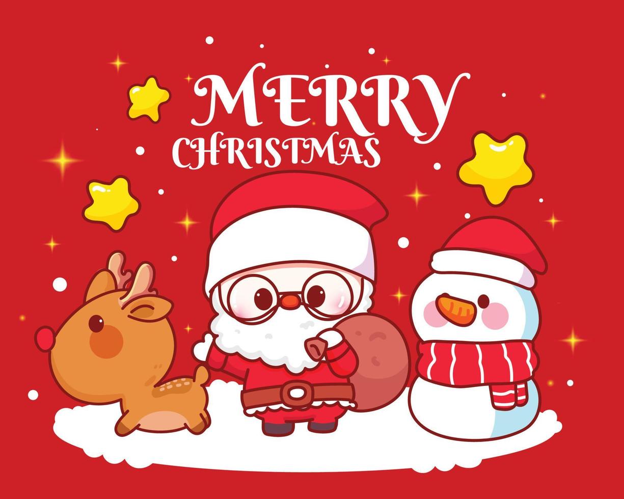 Mão desenhar desenho animado bonito feliz natal, papai noel e renas e  boneco de neve em letras grandes