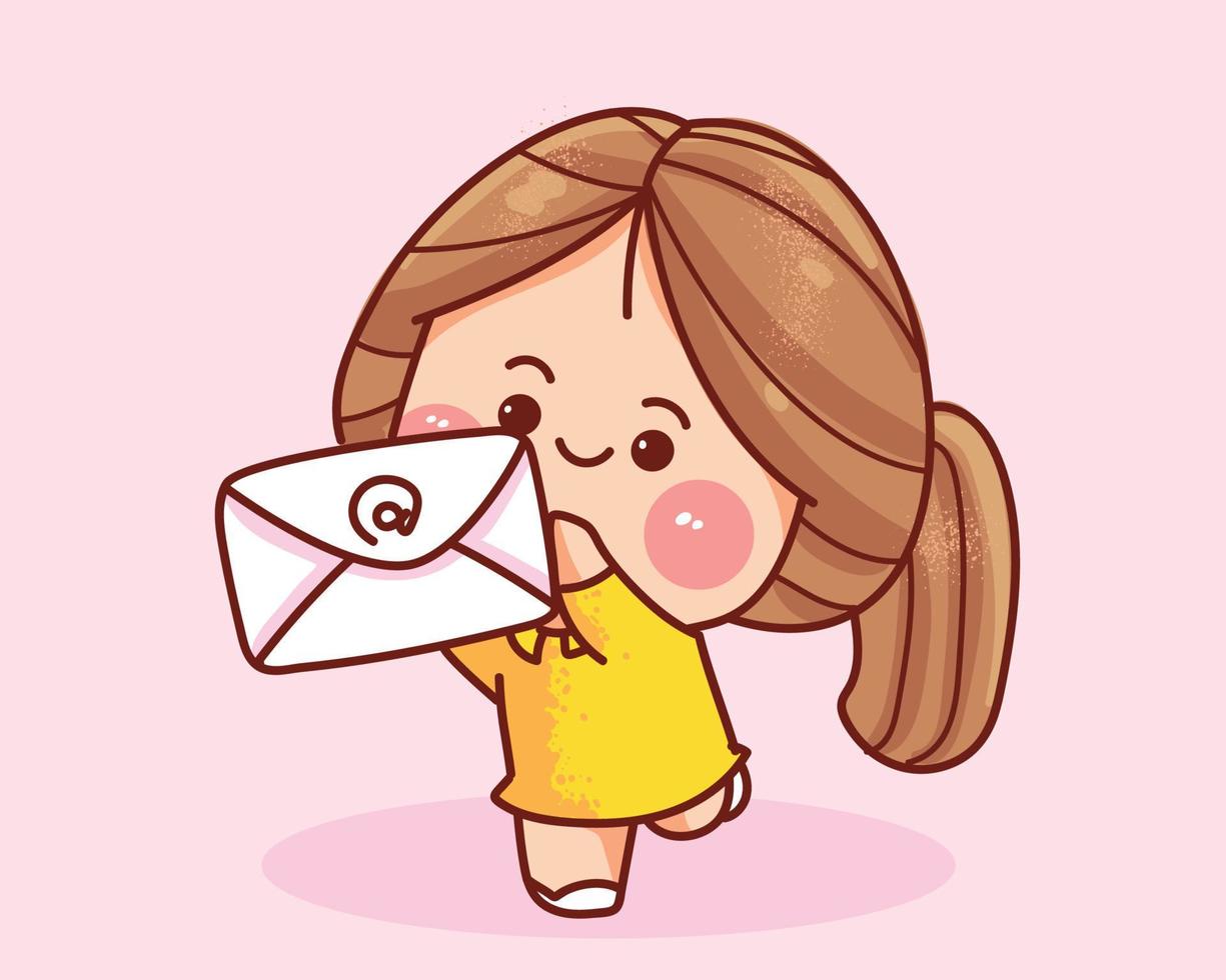 linda garota segurando um envelope desenhado à mão ilustração da arte dos desenhos animados vetor
