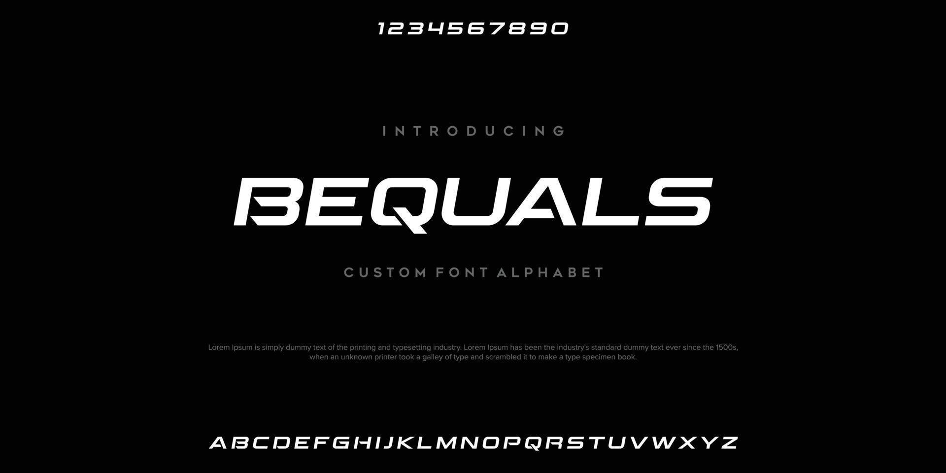 bequals design de fonte de exibição minimalista futurista, alfabeto, tipo de letra, letras e números, tipografia. vetor
