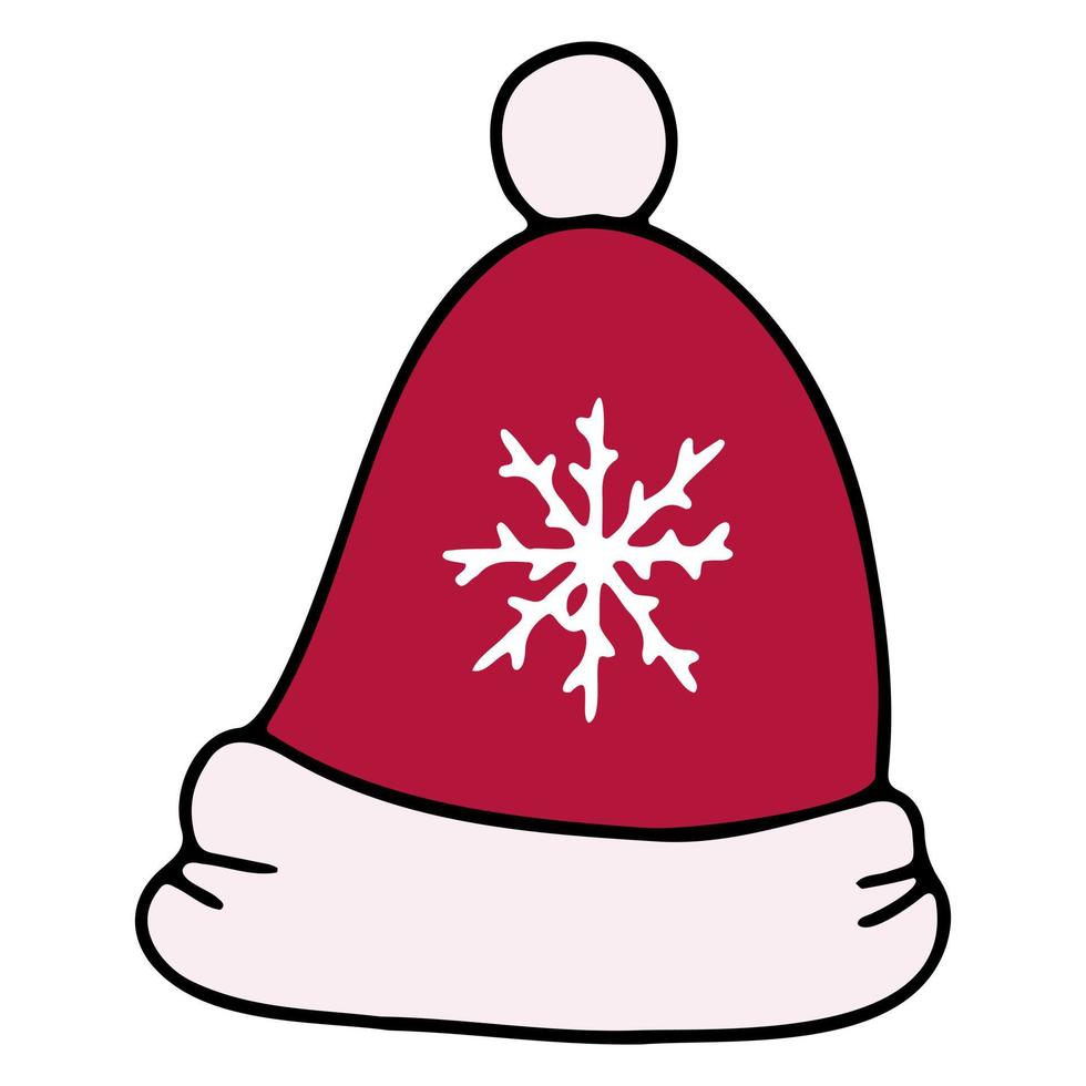 chapéu de inverno com floco de neve. estilo doodle, desenhado à mão, ilustração plana em vetor, isolada em um fundo branco. design para banner, logotipo, ícone, adesivo, blog da web vetor