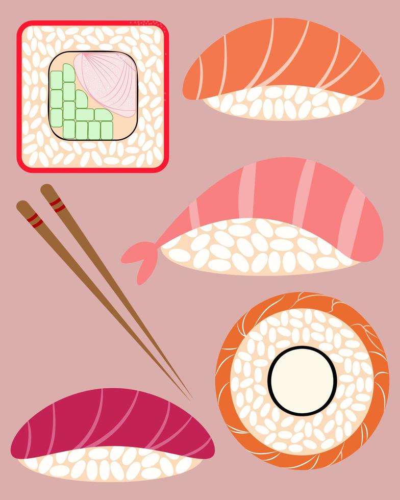 conjunto de vetores de rolos e ícones de sushi