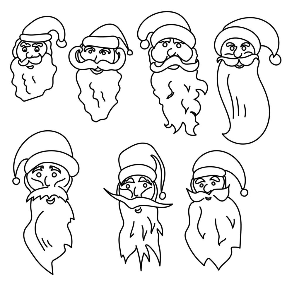 conjunto de contornos de rostos de papai noel, personagem gentil com barba e chapéu, página para colorir com tema de natal vetor