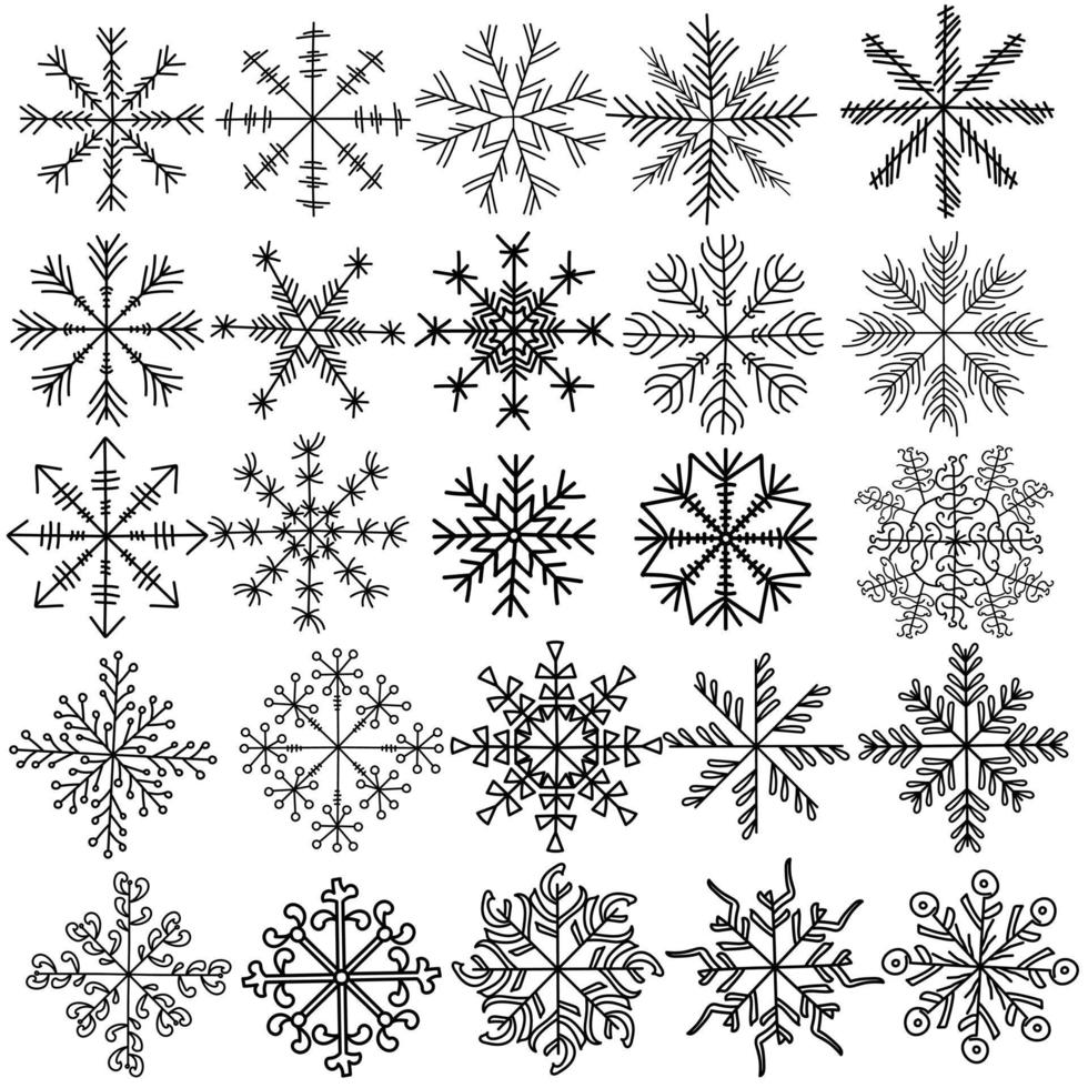 conjunto de 25 flocos de neve fantasia, gráficos de desenho à mão de linha simples em motivos de inverno vetor