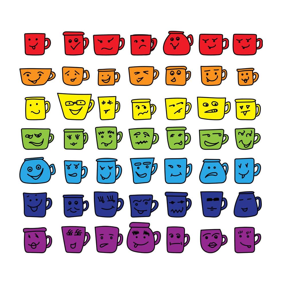 conjunto de copos de doodle fofos nas cores do arco-íris com sorrisos diferentes, canecas emocionais de diferentes formas e tamanhos vetor