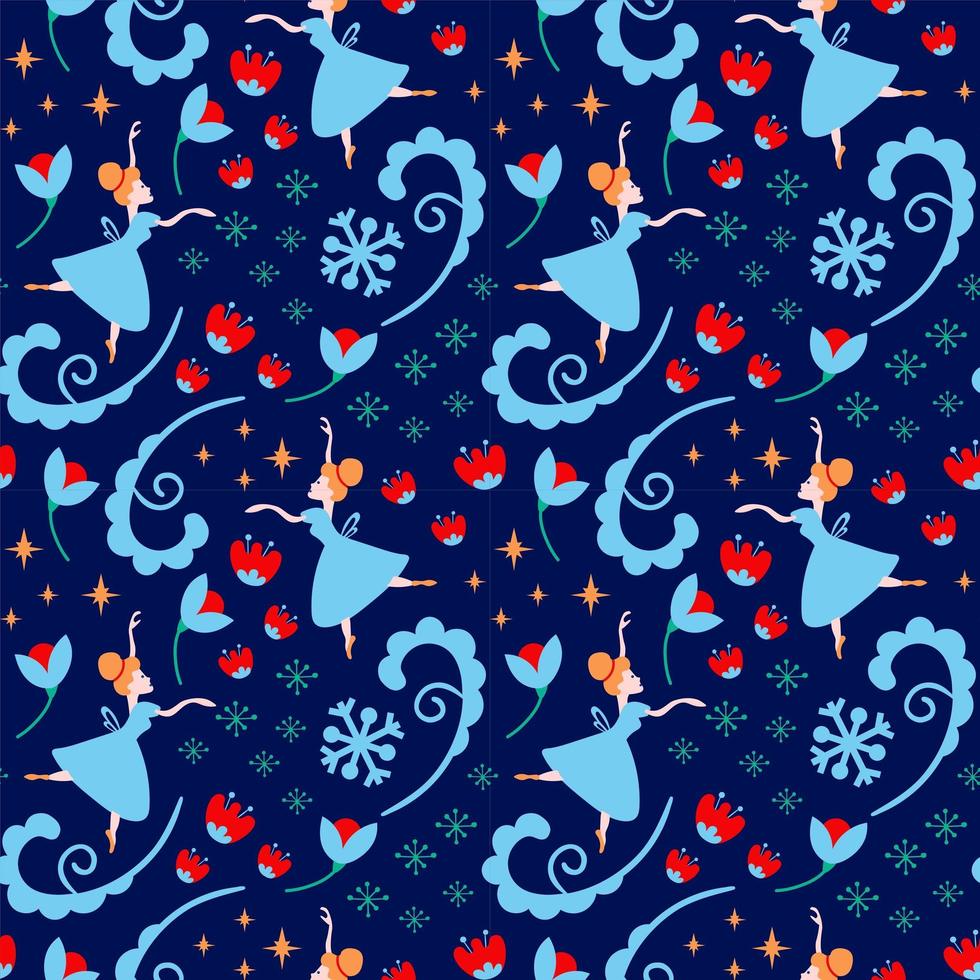 padrão sem emenda de Natal com bailarina e flocos de neve sobre fundo azul. vetor quebra-nozes colorido fundo