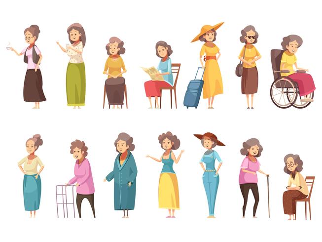 Conjunto de ícones de mulheres sênior dos desenhos animados vetor
