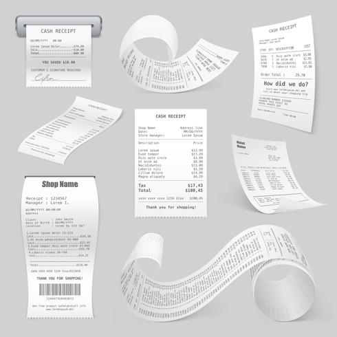 Coleção realista de recibos impressos de caixa registradora vetor