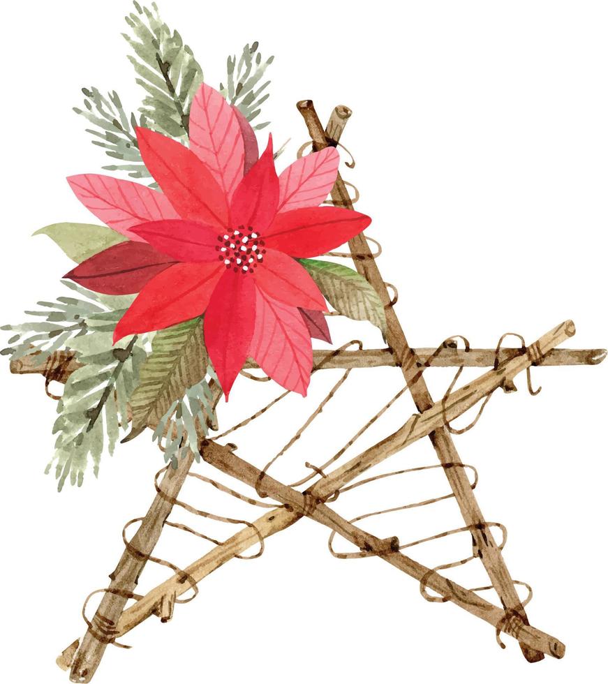 decoração de natal estrela de ramos com flor vermelha de inverno e aquarela de vetor de abeto