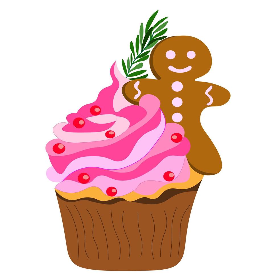 muffin de biscoito, bolinho com creme rosa, decorado com pão de mel de mel e um raminho de alecrim. vetor