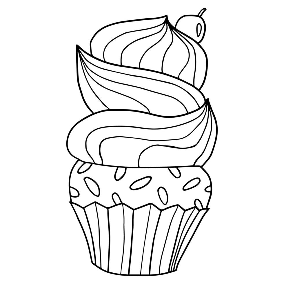 cartoon desenhado à mão doodle cupcake com chantilly e cereja vetor