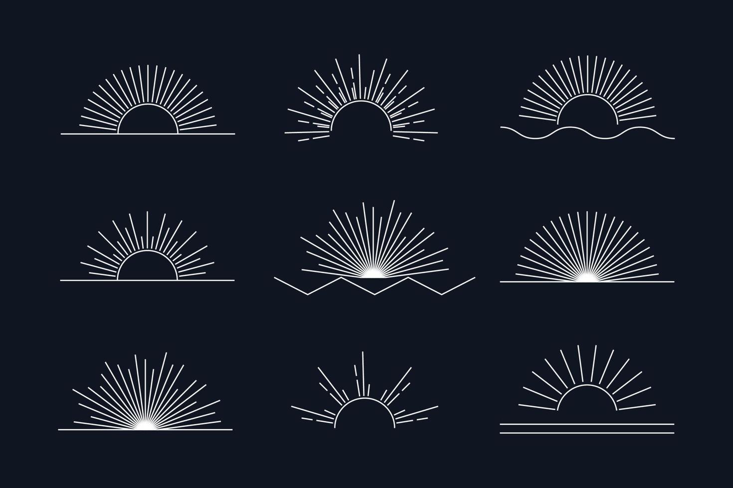 conjunto de sol de vetor de ícones e símbolos boho lineares brancos, modelos de design de logotipo de sol, elementos de design abstrato para decoração em estilo minimalista moderno para postagens de mídia social, histórias, isolado