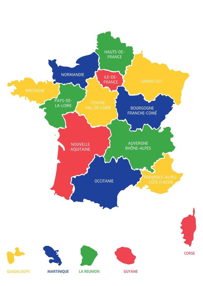 ilustração em vetor de mapa colorido da França com regiões