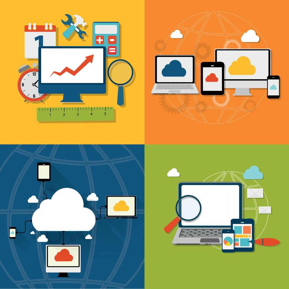 conceito de computação em nuvem em diferentes dispositivos eletrônicos. vetor