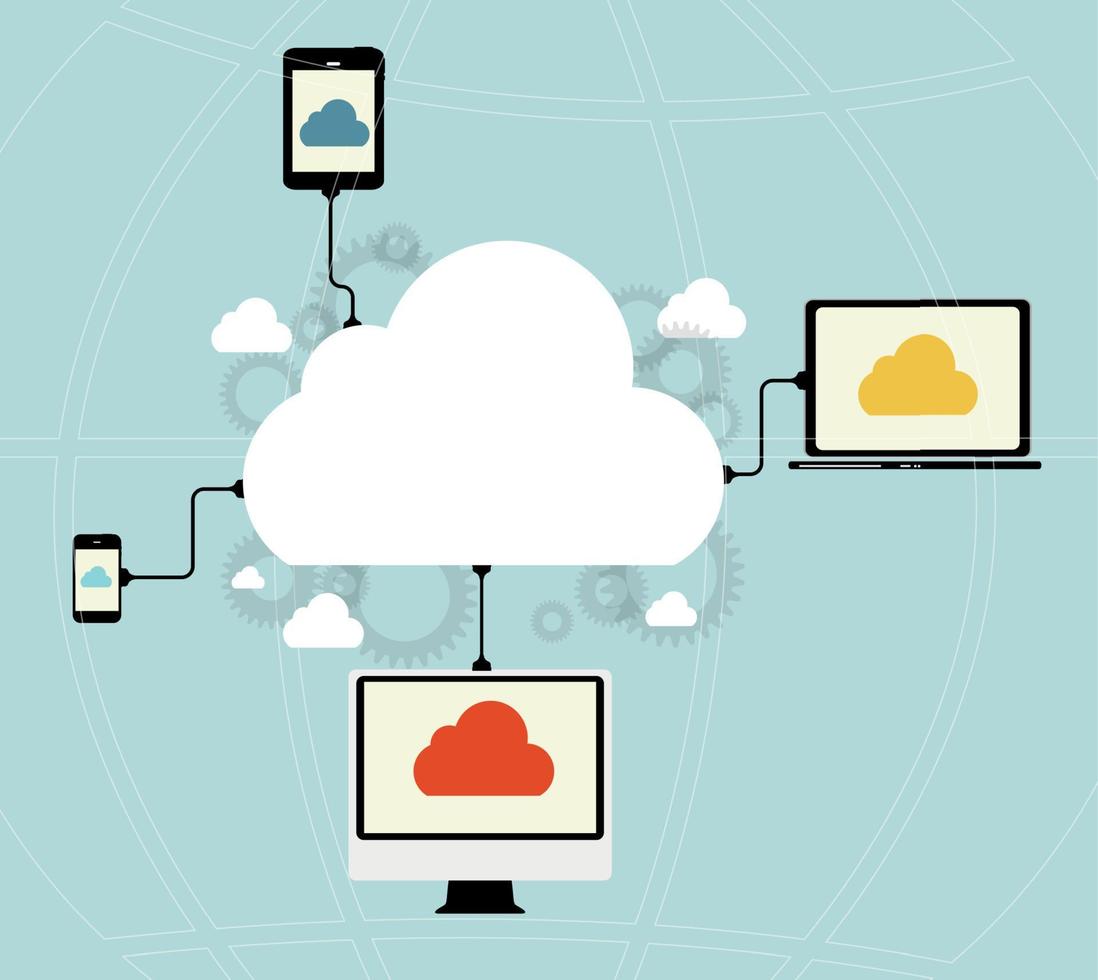 conceito de computação em nuvem em diferentes dispositivos eletrônicos. vetor