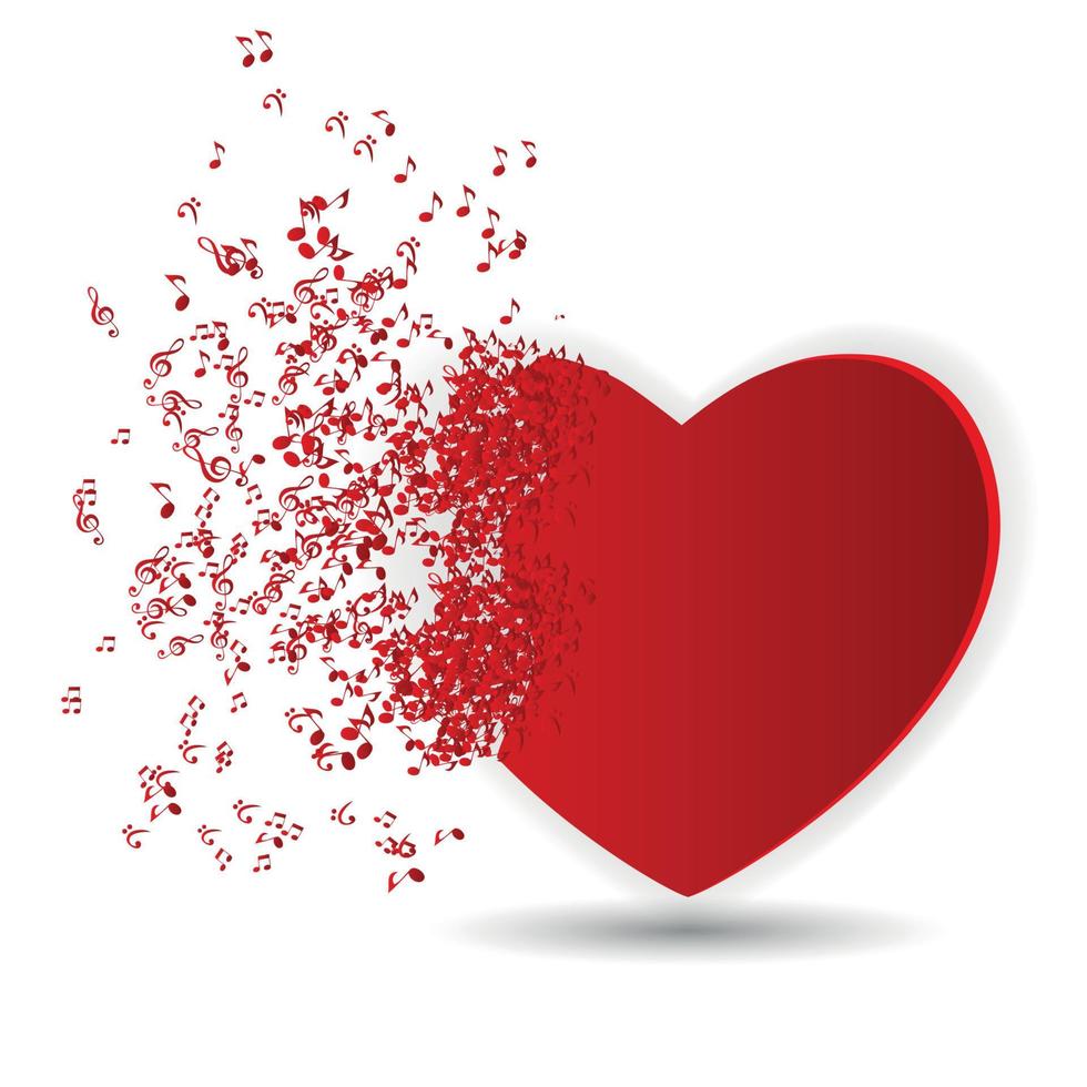 cartão de feliz dia dos namorados com coração, notas musicais. ilustração vetorial vetor