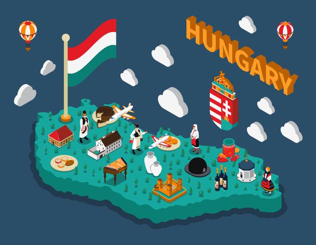 Mapa turístico isométrico de Hungria vetor