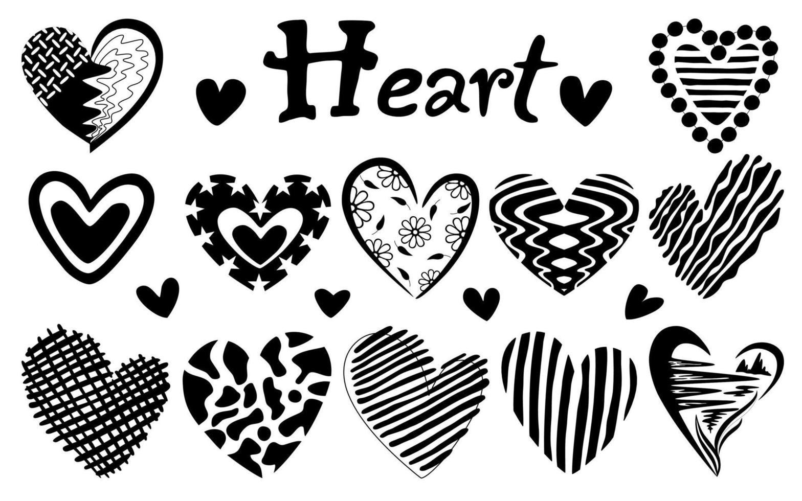 ilustração vetorial de coração preto definir padrões de design com estilos de doodle vetor