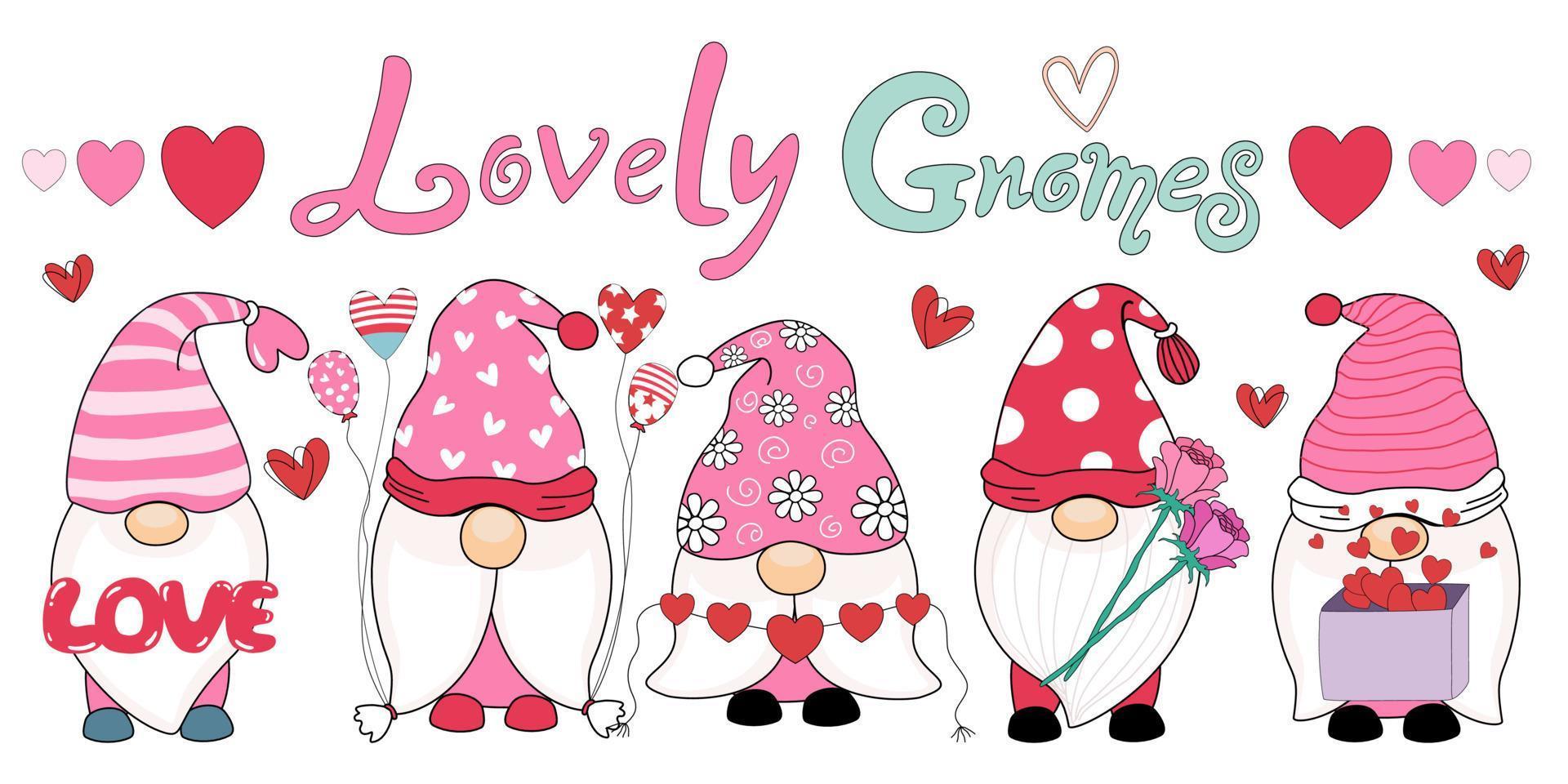 ilustração vetorial personagens de gnomos adoráveis em tons de vermelho e rosa projetados com estilo doodle vetor