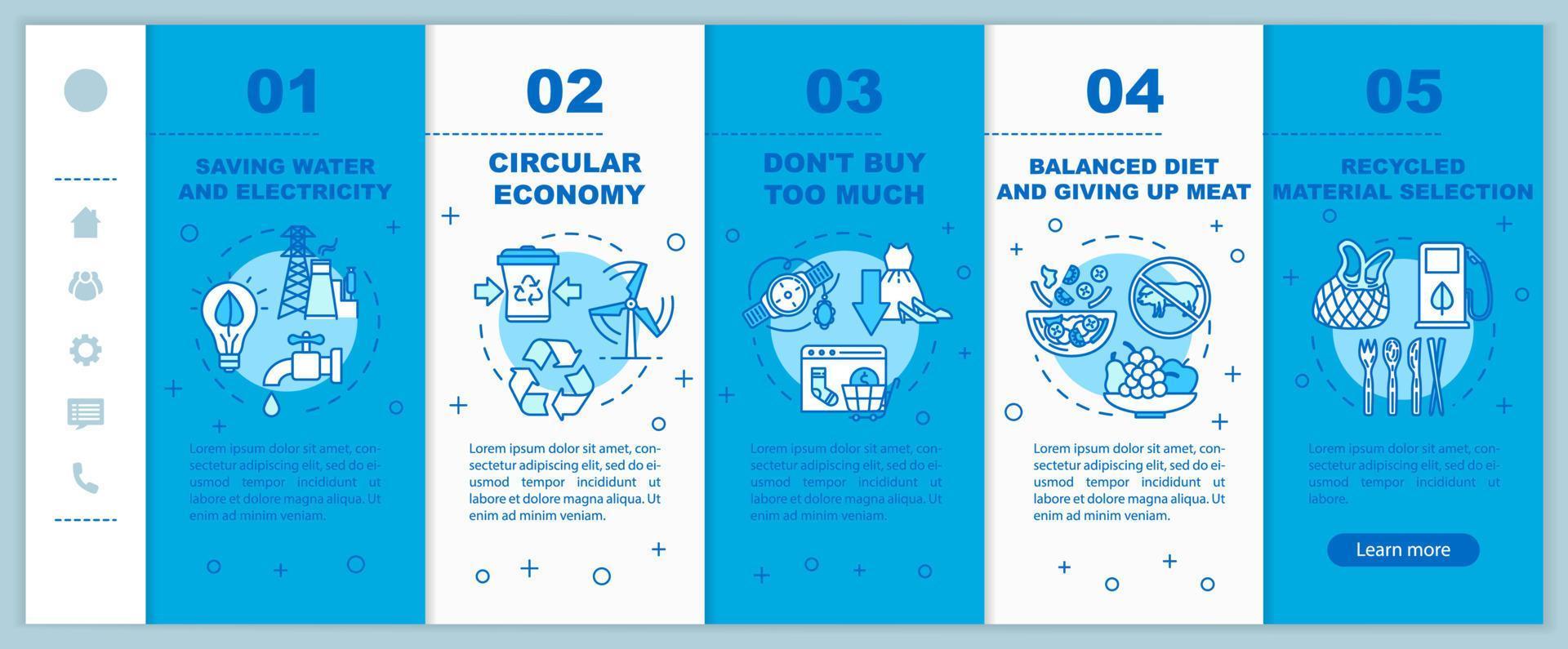 modelo de vetor consumo responsável no embarque. reciclar e ecologia. consumismo e consumo. site móvel responsivo com ícones. telas de passo a passo da página da web. conceito de cor rgb