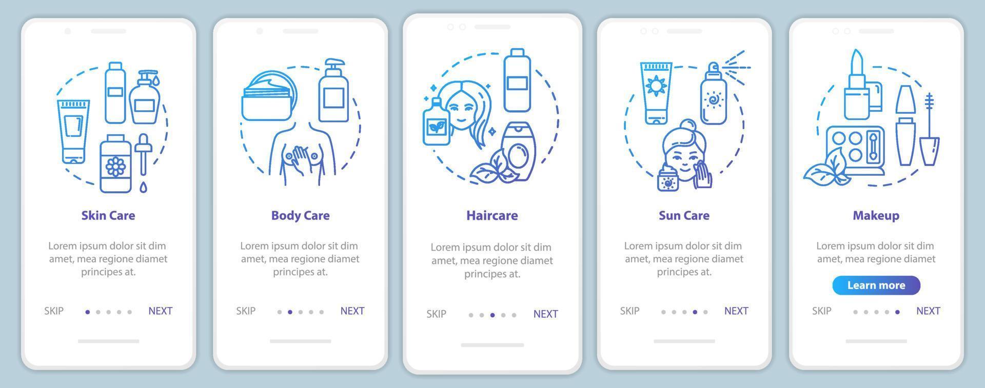 tela da página do aplicativo móvel de integração skicare com conceitos. cuidados com o sol e com o corpo. dermatologia passo a passo 5 etapas de instruções gráficas. modelo de vetor ui com ilustrações coloridas rgb