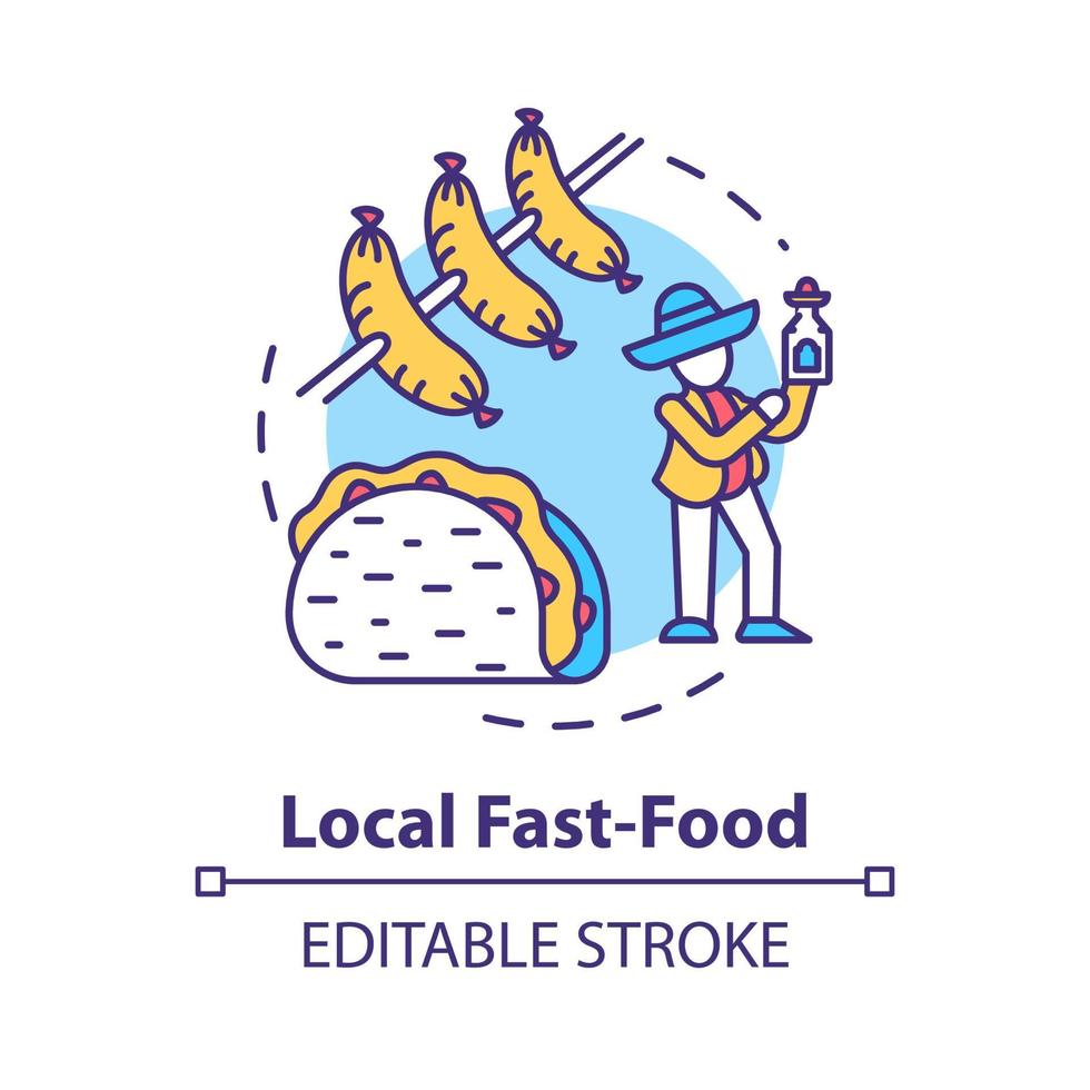 ícone do conceito de fast food local. cozinha indígena, ilustração de linha fina de ideia de refeição acessível. nutrição econômica, comer em movimento. desenho de cor rgb de contorno isolado de vetor. curso editável vetor