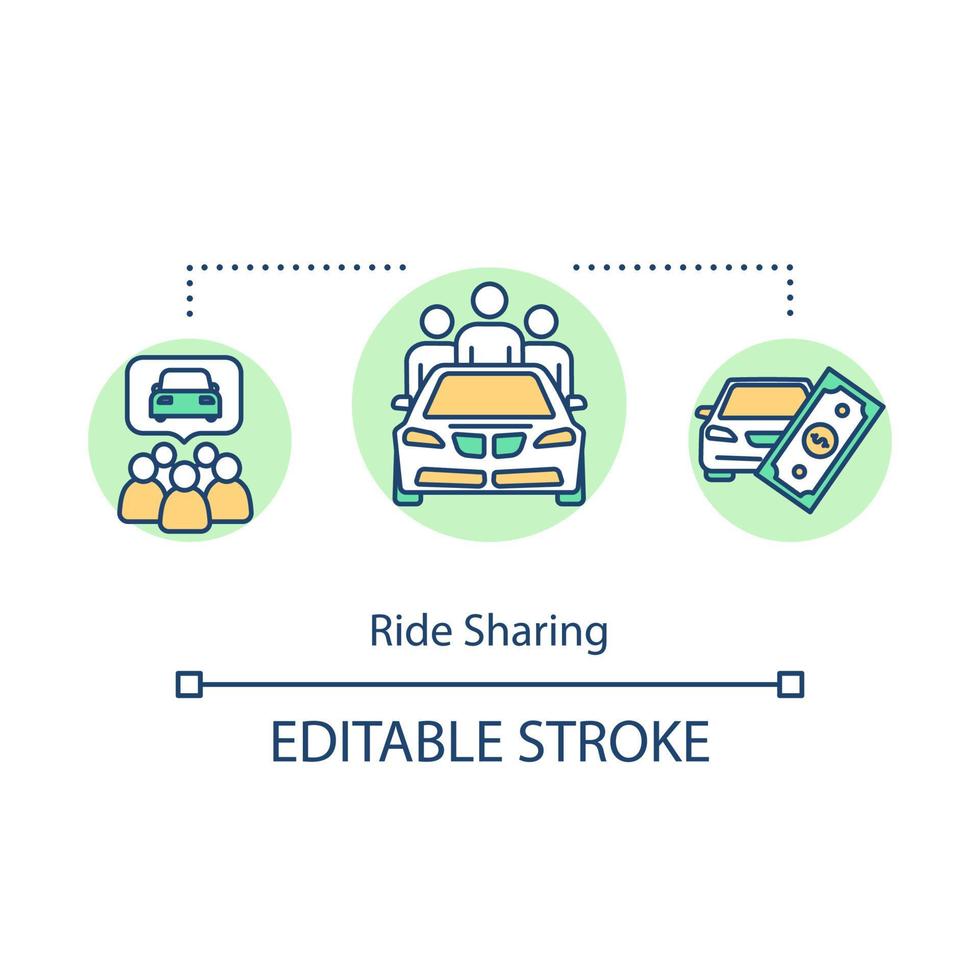 passeio de compartilhamento de ícone do conceito. viagem por estrada econômica, ilustração de linha fina de ideia de transporte barato. turismo de economia de dinheiro. desenho de cor rgb de contorno isolado de vetor. curso editável vetor