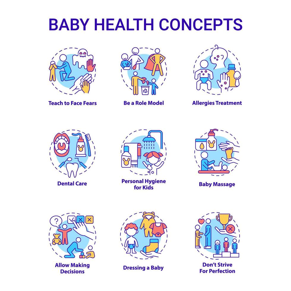 conjunto de ícones do conceito de saúde do bebê. ilustrações coloridas de linha fina de ideia de cuidados infantis. educando o bebê. saúde mental e física da criança. desenhos de contorno isolados de vetor. curso editável vetor