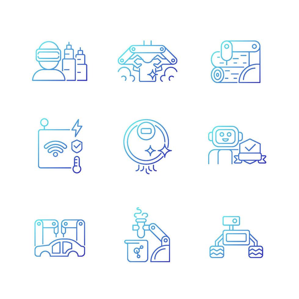 tecnologias de automação conjunto de ícones do vetor linear gradiente. robôs de fabricação. lavanderia e limpeza automatizadas. feixe de símbolos de contorno de linha fina. coleção de ilustrações de contorno isolado