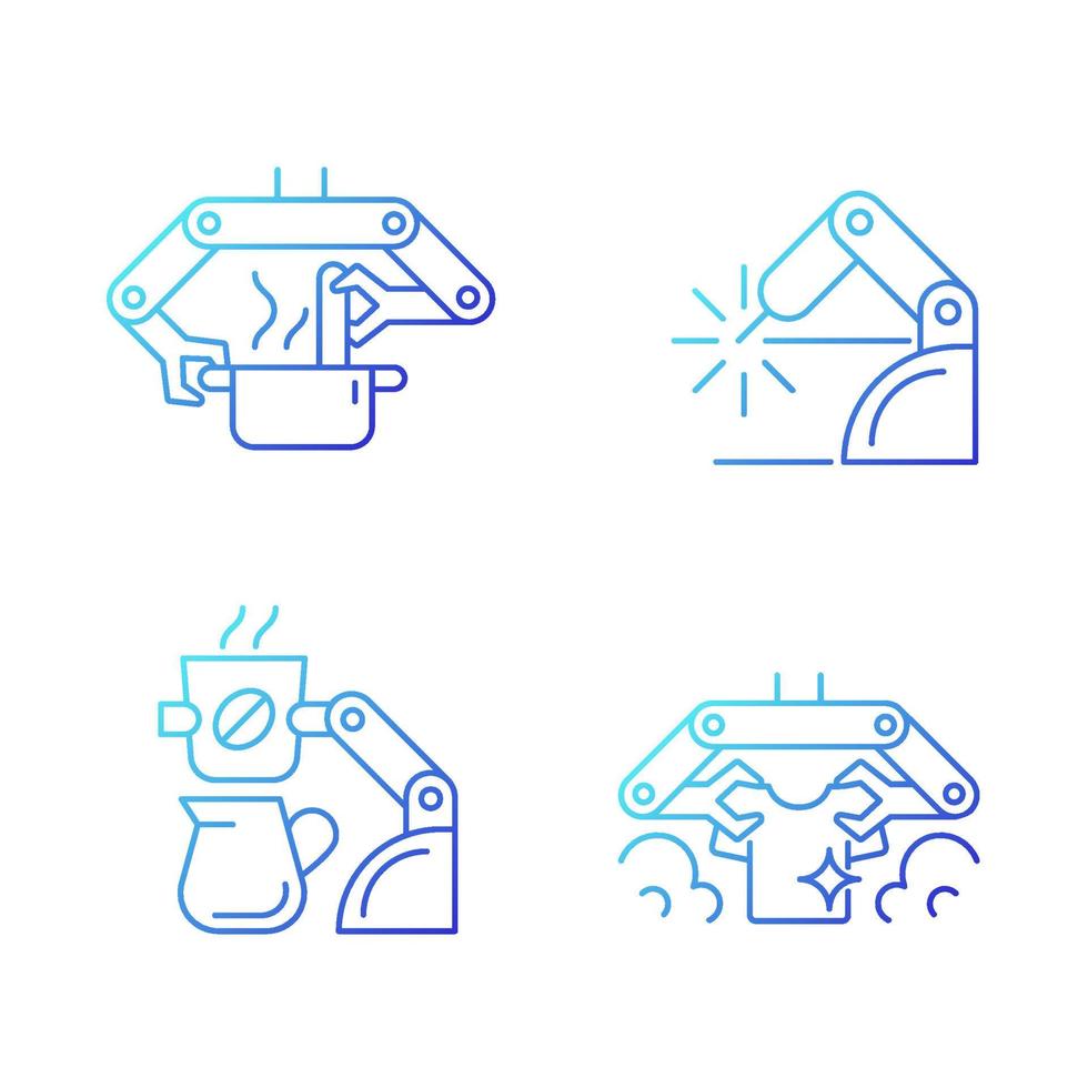 conjunto de ícones do vetor linear gradiente de dispositivos mecânicos automatizados. cozinha robótica. robótica de soldagem. café fazendo robô. feixe de símbolos de contorno de linha fina. coleção de ilustrações de contorno isolado