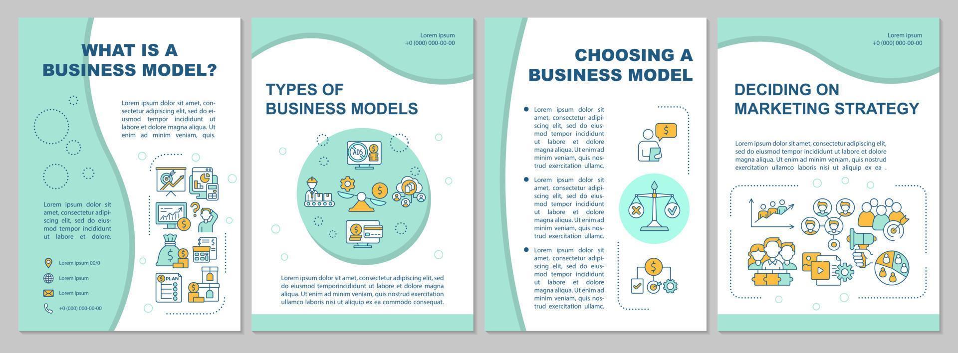 o que é modelo de folheto de hortelã de modelo de negócios. estratégia de marketing. folheto, livreto, impressão de folheto, design da capa com ícones lineares. layouts de vetor para apresentação, relatórios anuais, páginas de anúncios