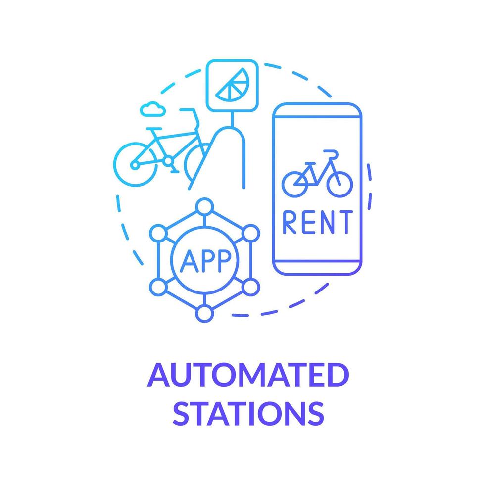 ícone do conceito de gradiente azul de estações automatizadas. bicicleta compartilhando ilustração de linha fina de ideia abstrata de categoria. usar o aplicativo de smartphone. devolver o veículo em outra doca. desenho de cor de contorno isolado de vetor