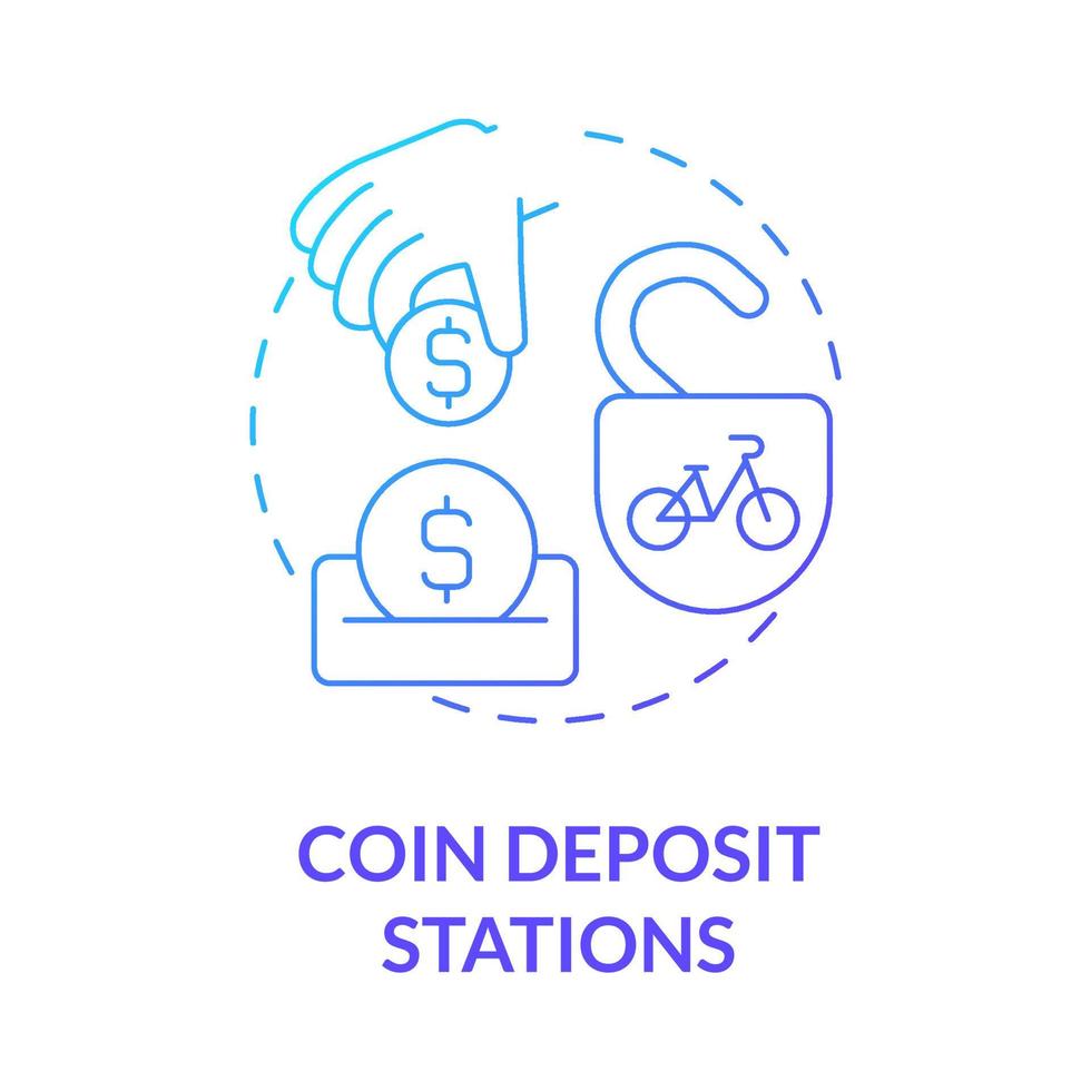 ícone de conceito gradiente azul de estações de depósito de moeda. bicicleta compartilhando ilustração de linha fina de ideia abstrata de categoria. serviço de micromobilidade compartilhado. acesso a moedas. desenho de cor de contorno isolado de vetor