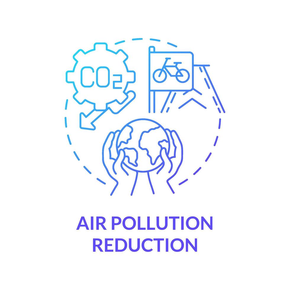 ícone do conceito gradiente azul de redução da poluição do ar. bicicleta compartilhando ilustração de linha fina de ideia abstrata de objetivo. vida urbana sustentável. reduzir as emissões. desenho de cor de contorno isolado de vetor
