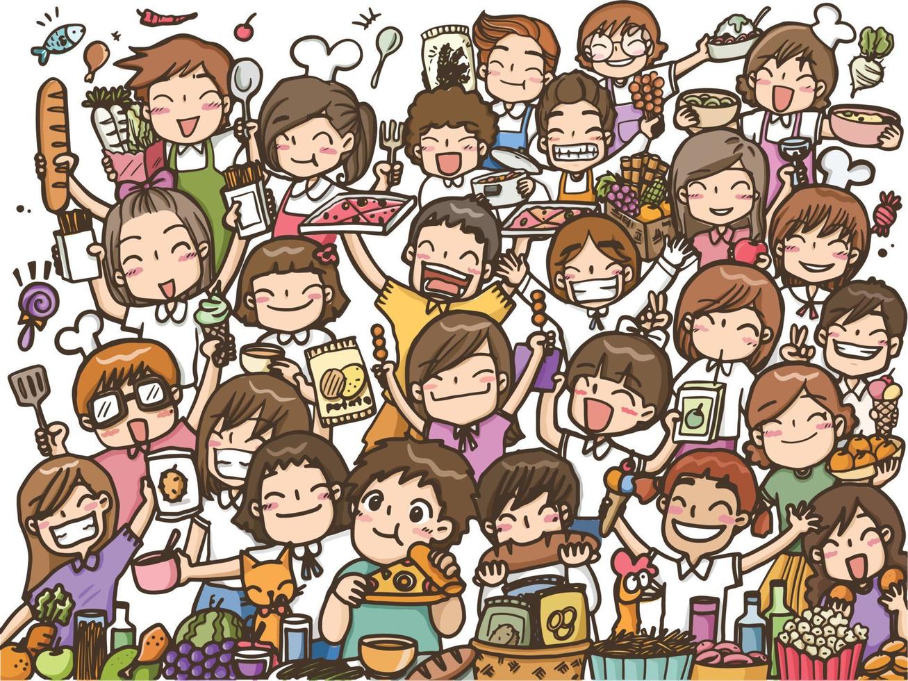 muitos alunos comendo refeitório feliz, divertido, amigos pano de fundo vetor cartoon clipart kawaii