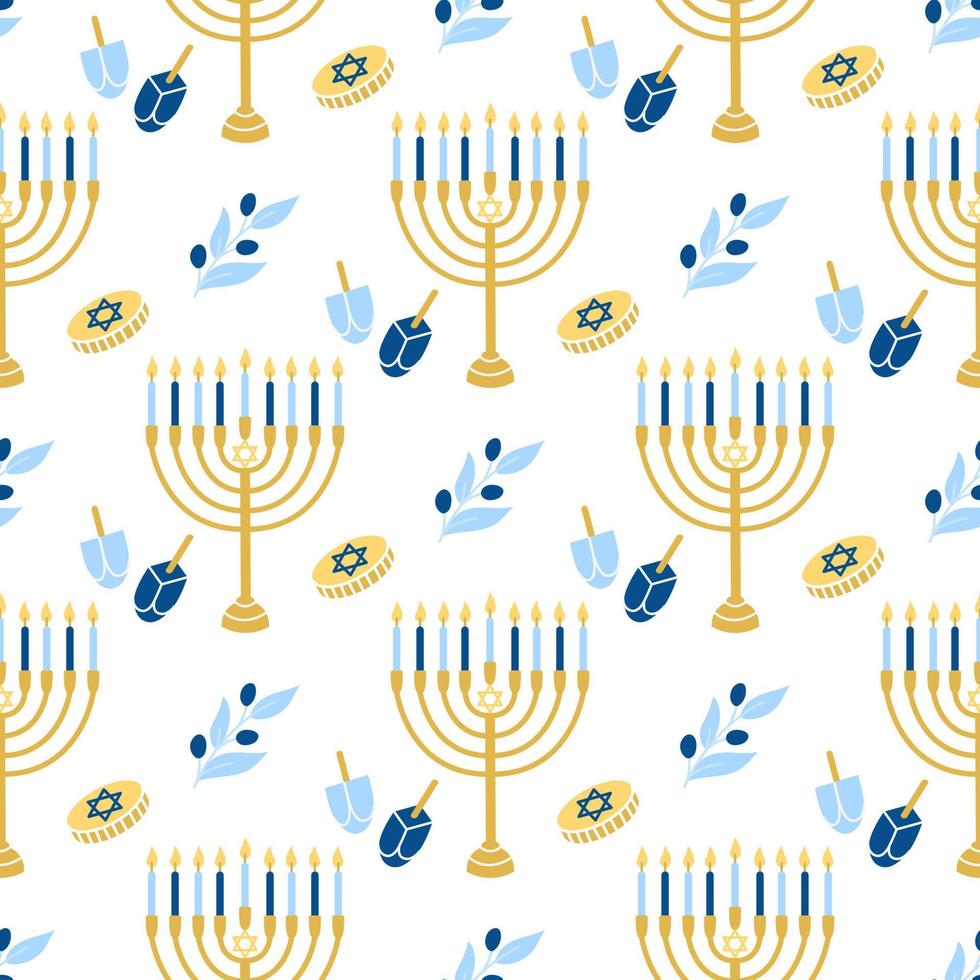 hanukkah vetor padrão sem emenda. vários objetos do festival de luzes judaico em estilo simples