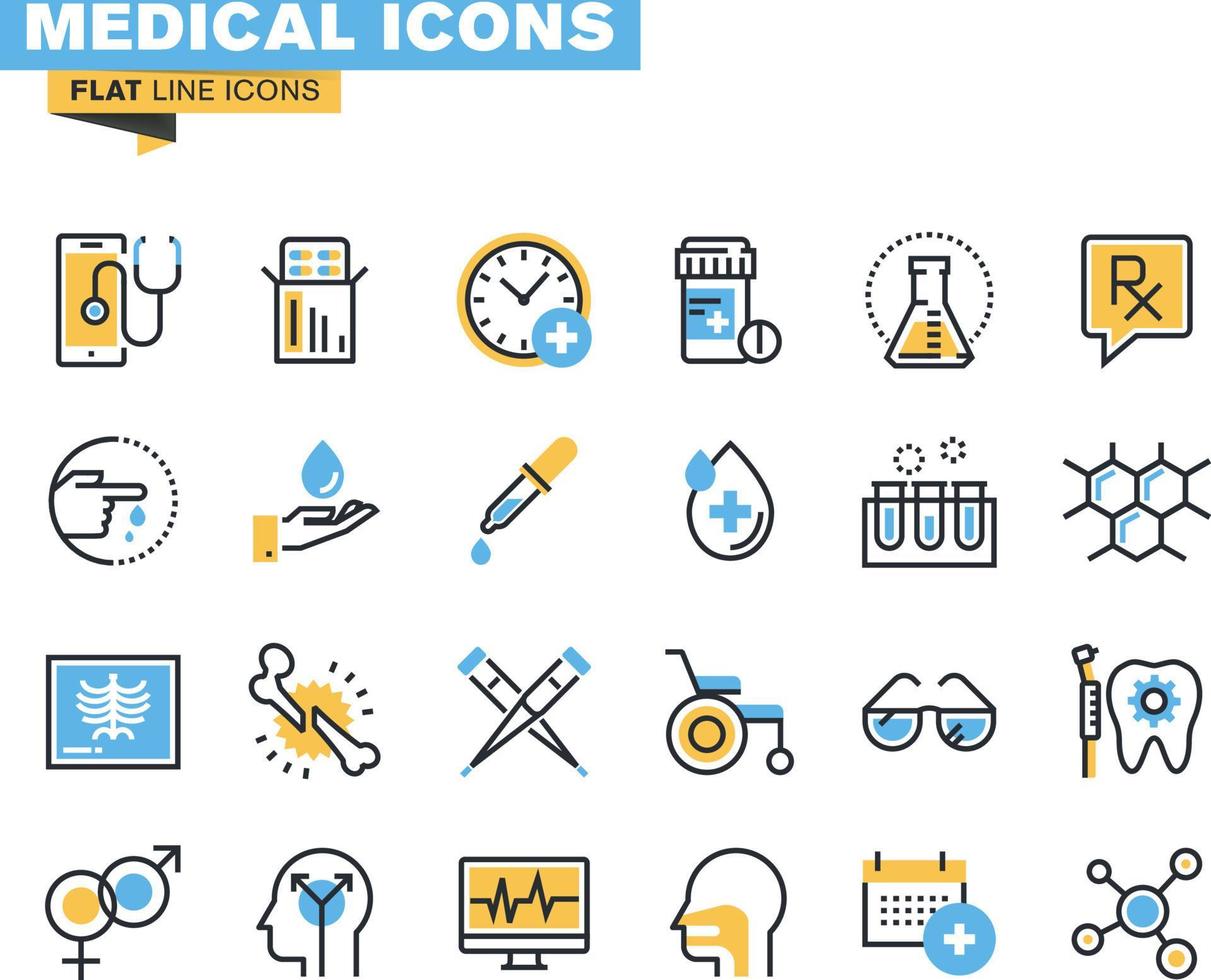 conjunto de ícones de linha plana de suprimentos médicos, diagnóstico e tratamento de saúde, exames laboratoriais, medicamentos e equipamentos. vetor