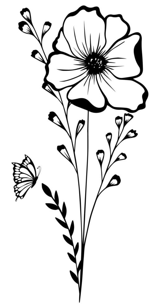 flores simples pretas e borboletas. silhueta de flores, folhas, borboletas voando sobre fundo branco. vetor