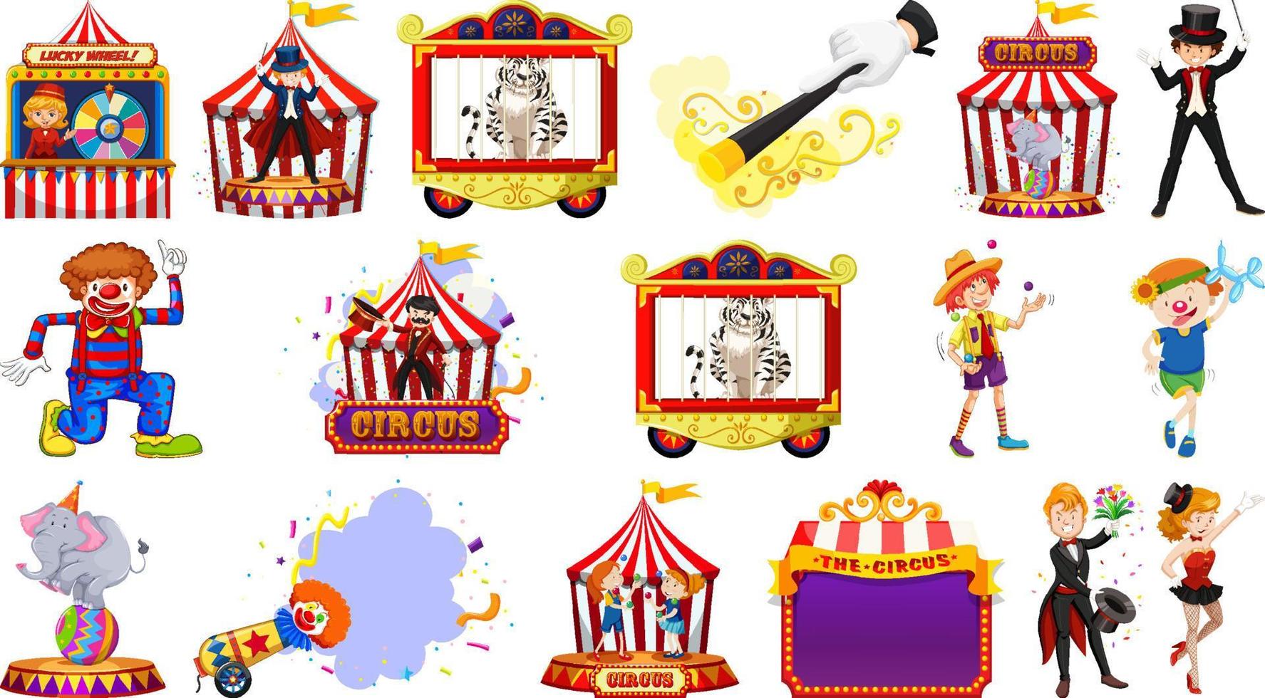 conjunto de personagens de circo e elementos de parque de diversões vetor