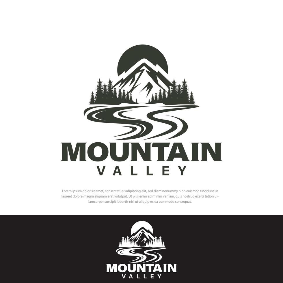 design de logotipo simples picos e vales de montanhas, rios, modelos de árvores, ilustrações de logotipo de montanha vetor