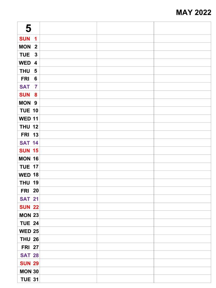 maio de 2022, design de modelo de calendário para planejador mensal de negócios e notas. vetor