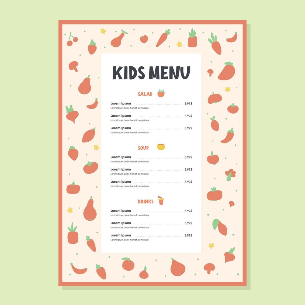 design de menu infantil para um café ou restaurante com frutas diferentes vetor