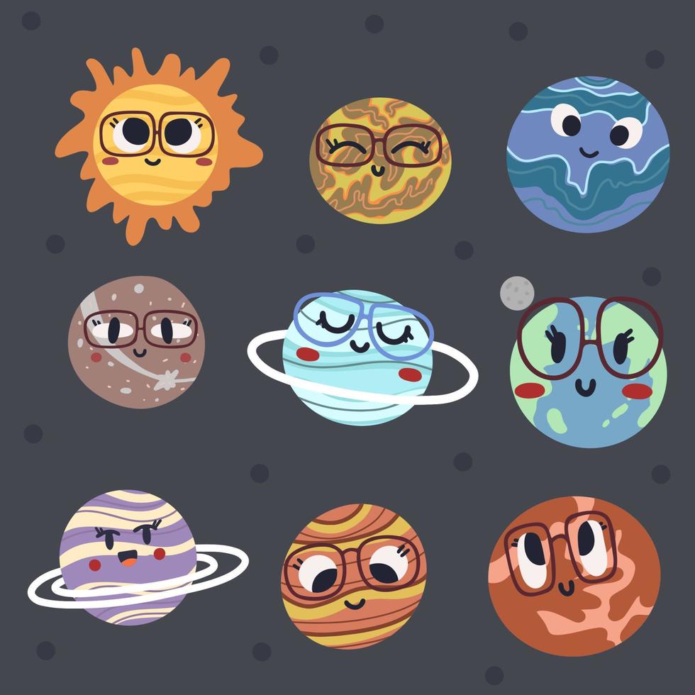 planetas bonitos do sistema solar com rostos felizes. objetos celestiais engraçados no espaço sideral. lindos corpos astronômicos orbitando o sol. astronomia para crianças. ilustração em vetor cartoon plana infantil.