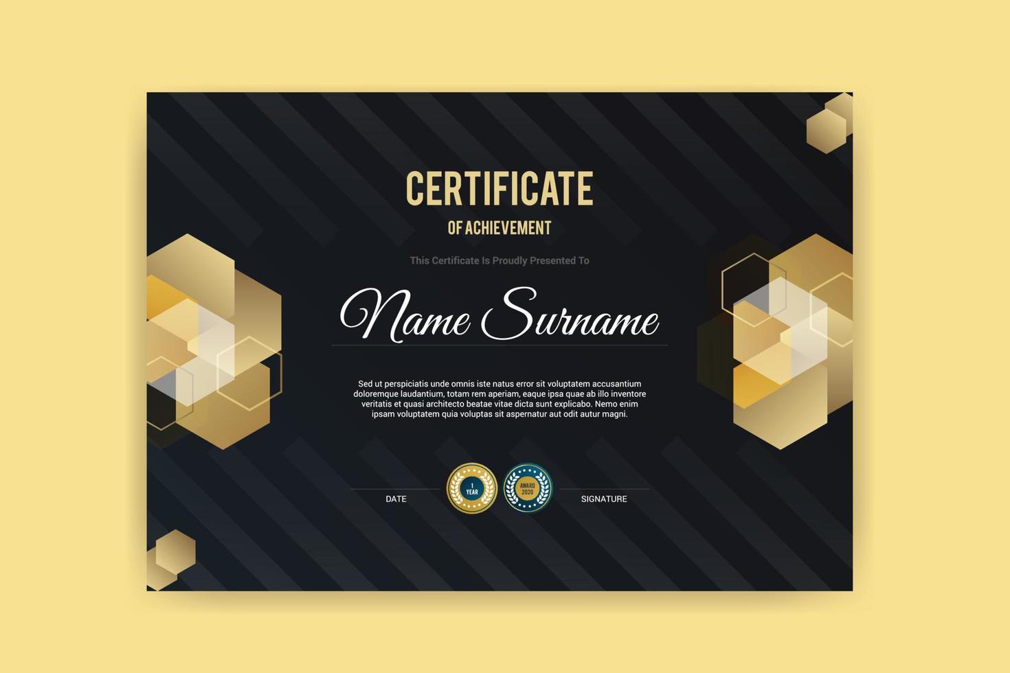 elegante diploma certificado de estilo dourado em modelo criativo de fundo preto vetor