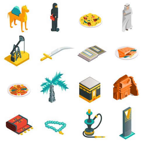 Conjunto de ícones turísticos isométrica da Arábia Saudita vetor