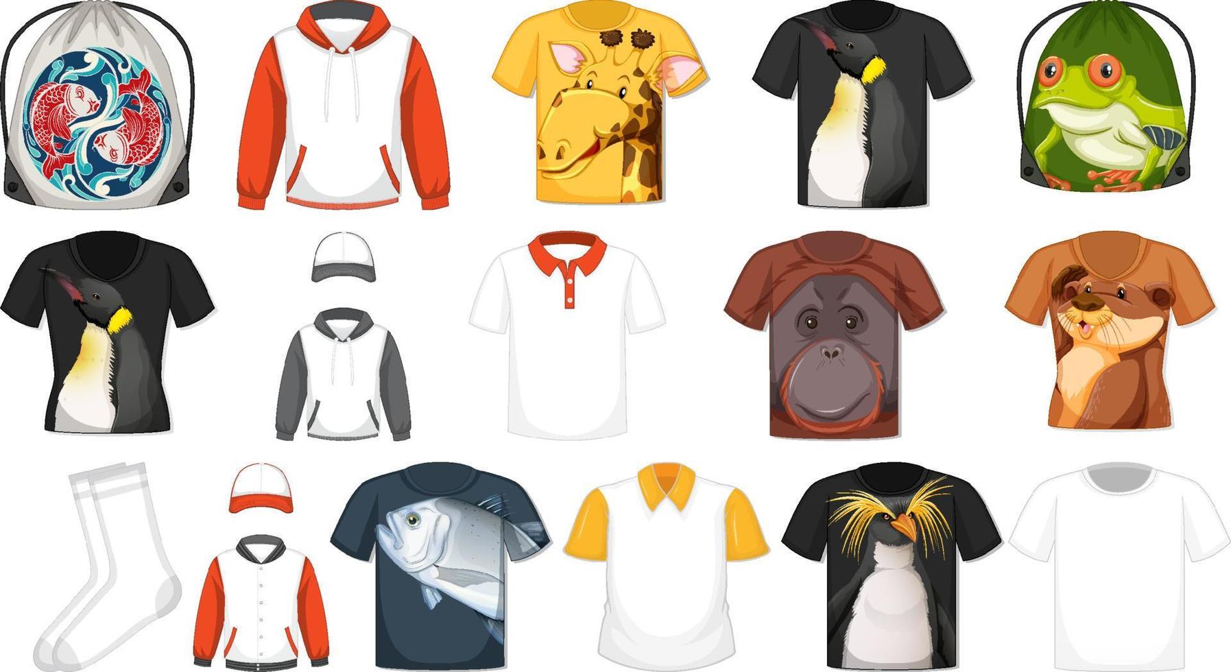 conjunto de diferentes camisas e acessórios com estampas de animais vetor