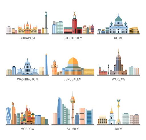 Coleção de ícones plana Cityscapes mundialmente famosa vetor