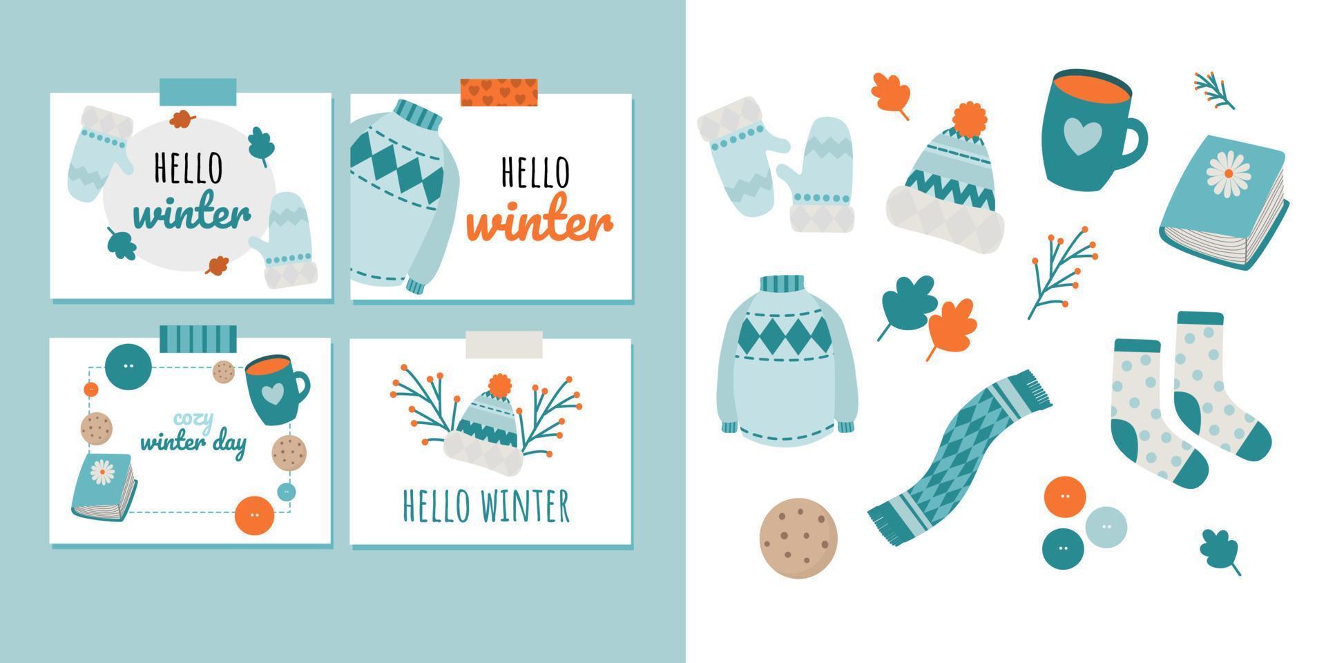 elementos de inverno para cartazes, cartões comemorativos e padrões vetor