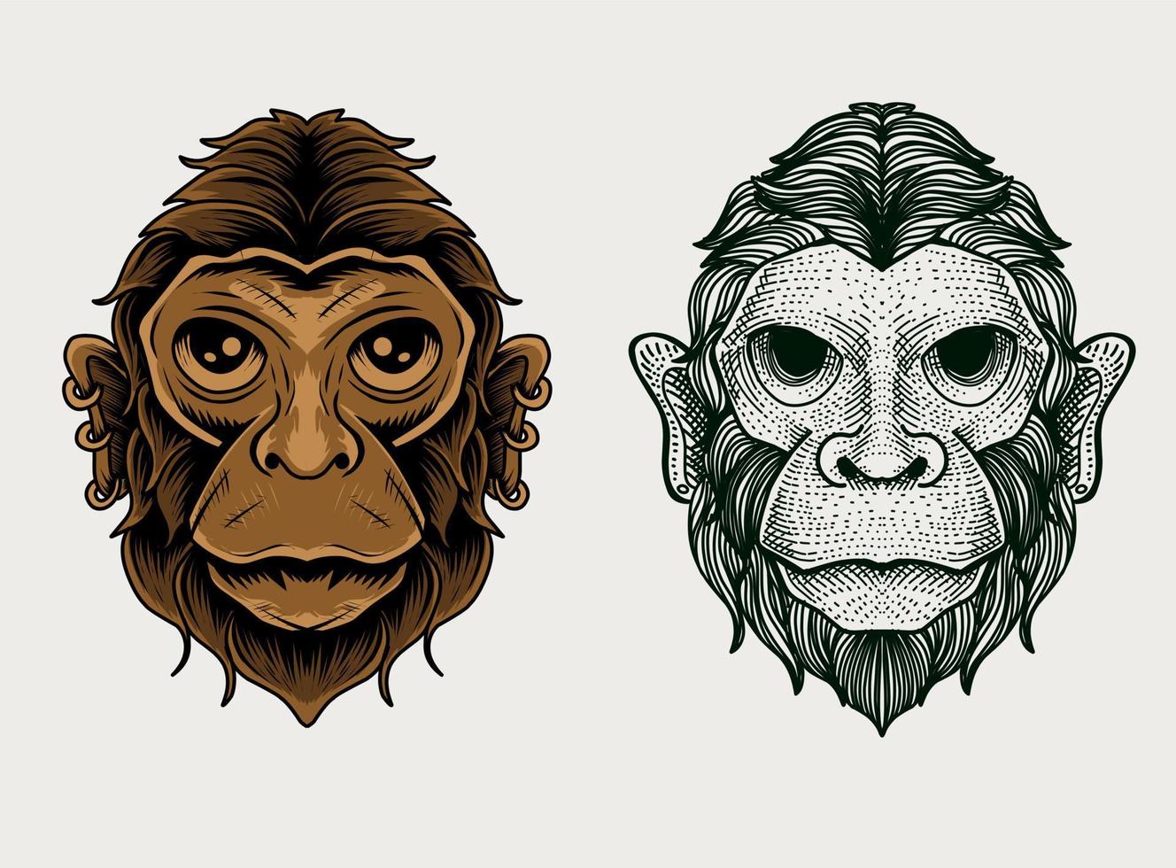 definir o estilo de gravura da cabeça do macaco - ilustração vetorial vetor